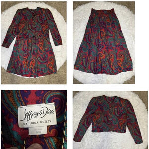 JEFFREY & DARA VINTAGE 80s Jacket Maxi Skirt Suit Set Red Paisley Tapestry 11/12
